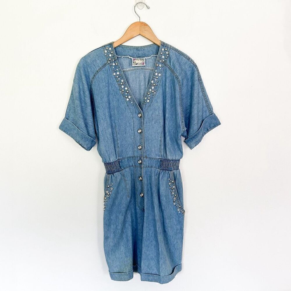 Monique Fashions Women’s Silver Tone Glitzy Studded Denim Short Button Front Rom